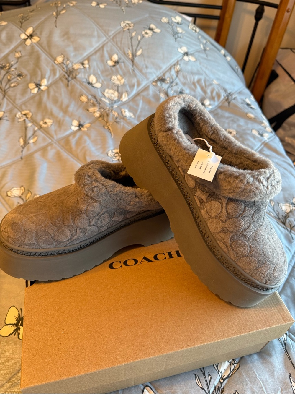 Coach Gray Suede Signature Shearling Platform Clogs